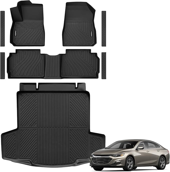 All Weather Floor Mats Cargo Liner for Chevy Malibu 2016-2023 2024 2025, TPE Rubber Floor Liners Anti-Slip Full Set with Door Sill Protectors Automotive Mats for 2025 Chevy Malibu Accessories
