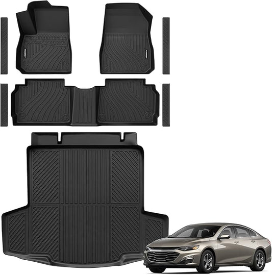 All Weather Floor Mats Cargo Liner for Chevy Malibu 2016-2023 2024 2025, TPE Rubber Floor Liners Anti-Slip Full Set with Door Sill Protectors Automotive Mats for 2025 Chevy Malibu Accessories