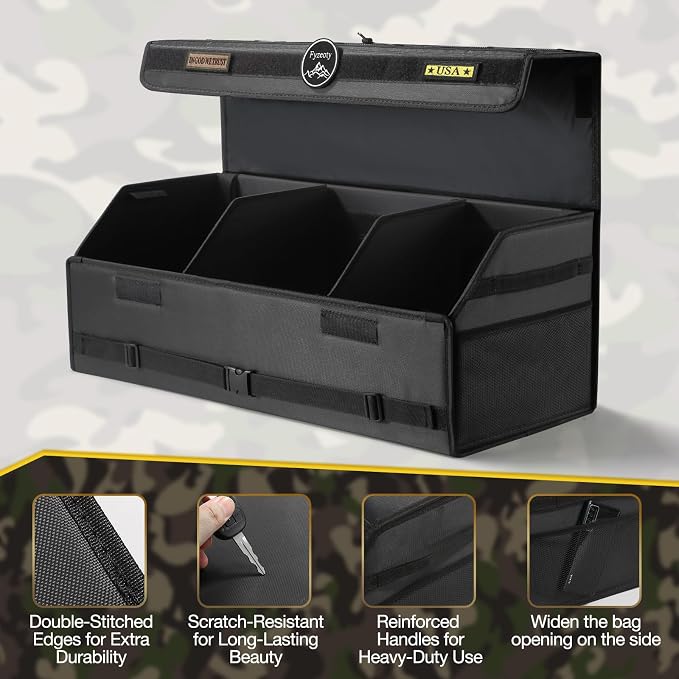 Fyzeoty Car Trunk Organizer for SUV and Sedan, Tactical‑Black, 29.5 in | Tactical & Aerospace Oxford, Extra‑Large, Hinged Lid, Collapsible & Adjustable, Water‑Resist & Dust‑Proof