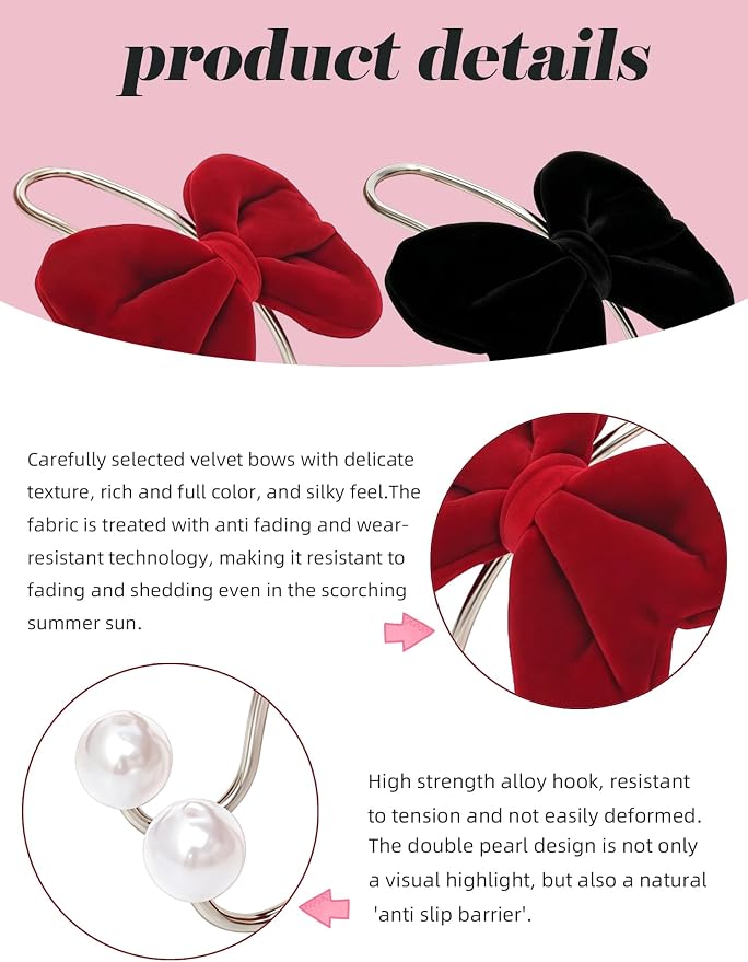 2PC Car Hooks for Purses and Bags Cute，Bowknot Seat Back Hook for Car Headrest Purse Holder Clip,Auto Hanger Seat Decorations Accessories for Women,Black Bow