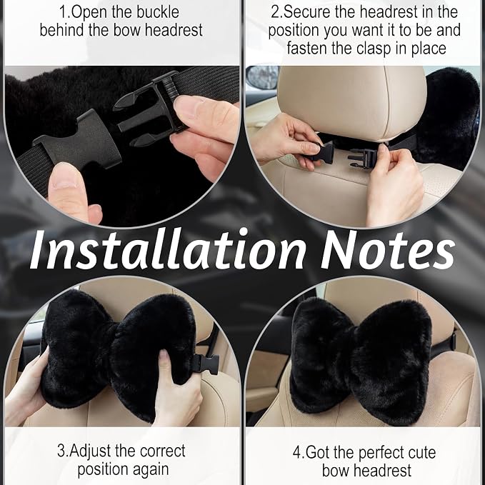 Macarrie 2 Pcs Black Car Neck Pillow Imitation Rabbit Fur Bow Pillow | Soft Comfortable Seat Headrest Support, Cute Bow Car Accessories, Driving Travel Driver Chair Girl Interior Decor, Solid