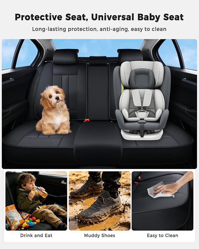 Huidasource Rear Car Seat Covers, Durable Waterproof Faux Leather, Universal Fit for Most Cars, SUVs & Trucks, Easy Installation, Preserve Cup Holders, Ideal for Family Use, Black