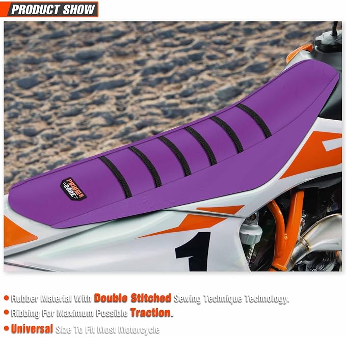 Motorcycle Universal Seat Cover Non-Slip Rubber Striped Gripper Soft Sewing for CRF WR WRF RMZ YZF SXF EXC EXC XC SX CR KLX Dirt Pit Bike Motocross Off Road (Purple)