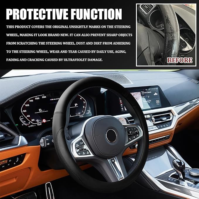 Car Steering Wheel Cover, 15 Inch Napa Leather Car Steering Wheel Protector, Slip-Resistant Elastic Steering Wheel Handle Cover, Universal Interior Accessories for Cars Trucks SUVs (Black)