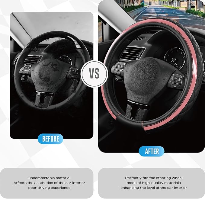 Road Comforts Leather Steering Wheel Cover – Black & Pink, Universal Fit 14.5-15 Inch, Microfiber Leather, Anti-Slip & Breathable Design for Men and Women