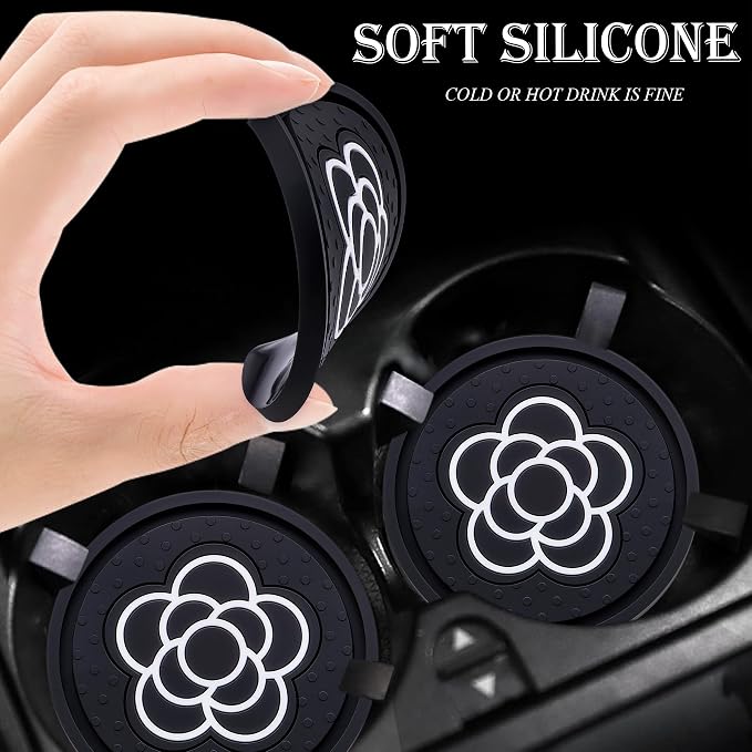 2.75 Inch Car Cup Coaster 2-Pack – Non-Slip Auto Drink Holder Mat – Universal Fit for Women & Girls – Stylish Pink Accessories (Black Flower)