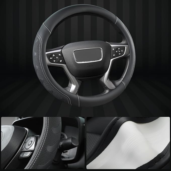 GIANT PANDA Steering Wheel Cover for GMC Sierra Acadia Terrain Yukon(Black+Gray Line-Standard Size)