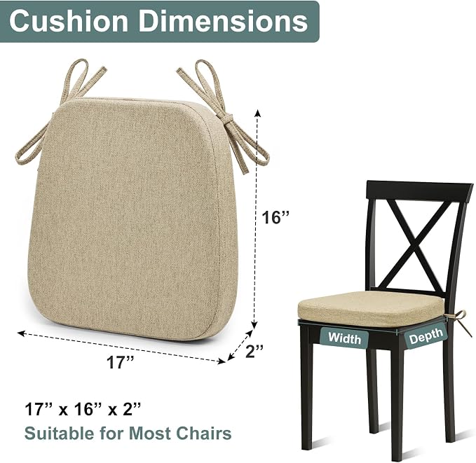 Shinnwa Dining Chair Cushions Set of 6, Patented Design Memory Foam Seat Cushions with Ties and Washable Cover, 6 Pack, 17" x 16" x 2", Natural Linen