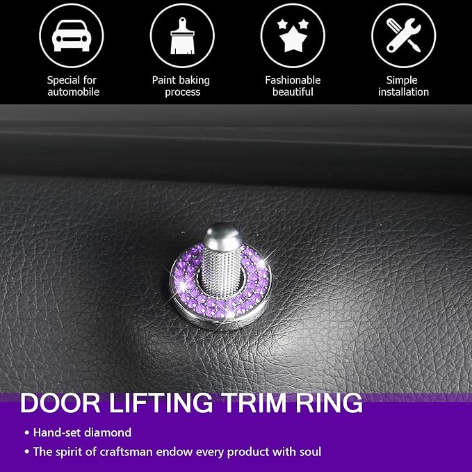 Pack-4 Car Door Lock Cover, Rhinestones Pull Rod Bolt Decorations, Crystal Auto Decals, Door Bolt Cap, Compatible with Mercedes Benz E-Class A-Class B-Class C-Class/GLC/GLA/GLK (Purple)