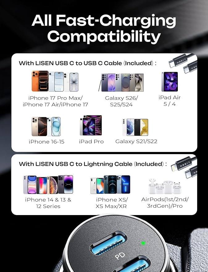 LISEN 90W Car Charger USB C Fast Charge,USB C Car Charger,Type C for iPhone | USB C Car Charger Fast Charge for iPhone 17 Pro Max 16 15 14 13 12 11, for Samsung S26 S25 S24 [with Lightning & USB-C Cable]