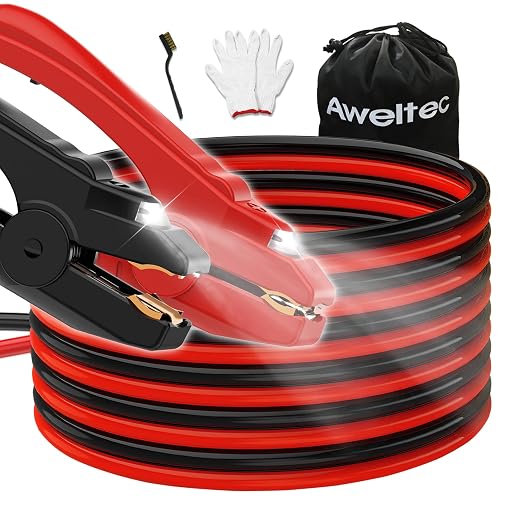 Heavy Duty Jumper Cables,6 Gauge 16 Feet Booster Battery Cable,Automotive Wires with LED Light,Alligator Clips,Carrying Bag,Safety Gloves and Iron Brush for Cars Truck