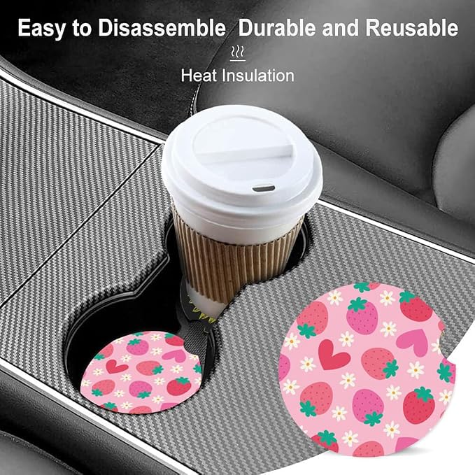 Absorbent Car Cupholder Coaster 2 Pack, Cute Car Coasters with a Finger Notch for Women & Men,2.56" Ceramic Stone & Non-Scratch Cork Base Drink Coasters (Cute Strawberries)