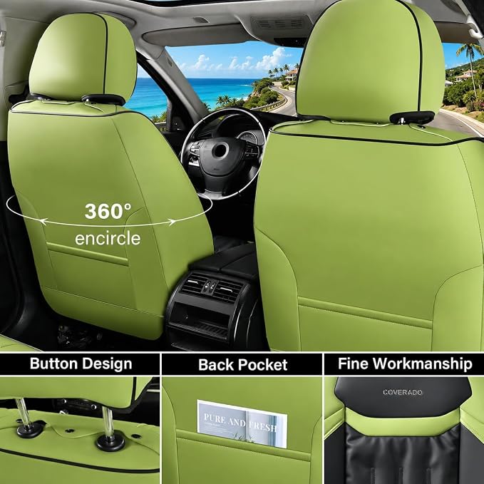 Coverado Car Front Seat Covers, Waterproof Leather 2 Pack Car Seat Covers, Seat Covers Automotive Seat Protector Universal Fit for Most Cars(Front, Green&Black)
