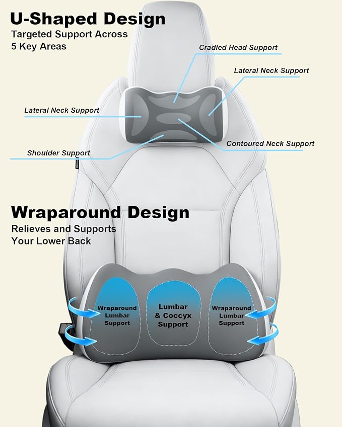 Car Lumbar Support & Neck Support Headrest Pillow Kit | Ergonomic Memory Foam Cushion, Sciatica & Tailbone Pain Relief, Fits Car Seat, Office Chair & Wheelchair