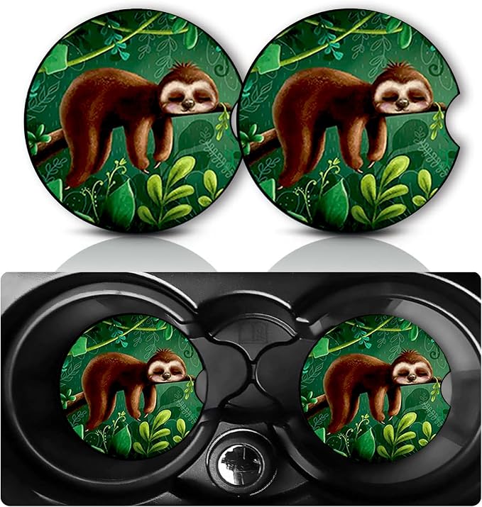 2PCS Sloth Car Cup Holder Coasters Universal Anti-Slip Rubber Mat | Sloth Auto Accessories Decor, 2.75" Car Coasters for Cup Holders, Sloths Gifts for Women Men Sloth Lovers