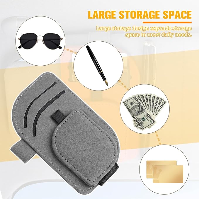 Car Sun Visor Organizer, Multi-Pocket Vehicle Sunglass Card Holder with Pen Slot, Automotive Interior Sunshade Glasses Storage Organizer, Universal Fit (Gray)