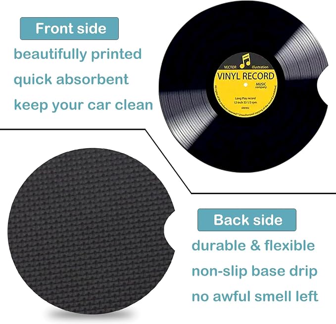 2 Pack Retro Vinyl Record Car Cup Holder Coasters Universal Neoprene Mat | 2.75" Universal Size Anti Slip Rubber Mat, Auto Cup Holder Accessories for SUV Truck, Retro Vinyl Record Gifts for Women Men