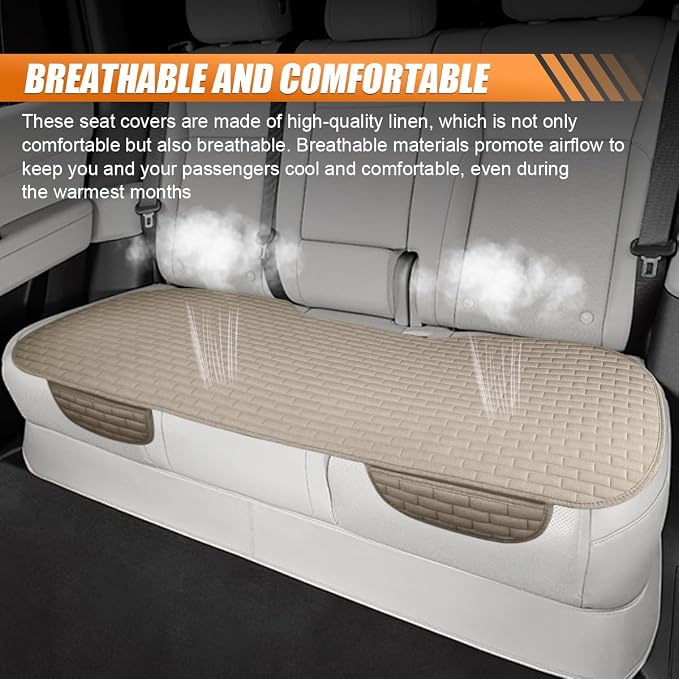 Car Rear Seat Cover, Breathable Linen Auto Seats Cushion (Beige) | Anti-Slip Vehicle Seat Pad with Storage Pocket, Universal Automotive Seats Protection Mat for Car, SUV, Truck