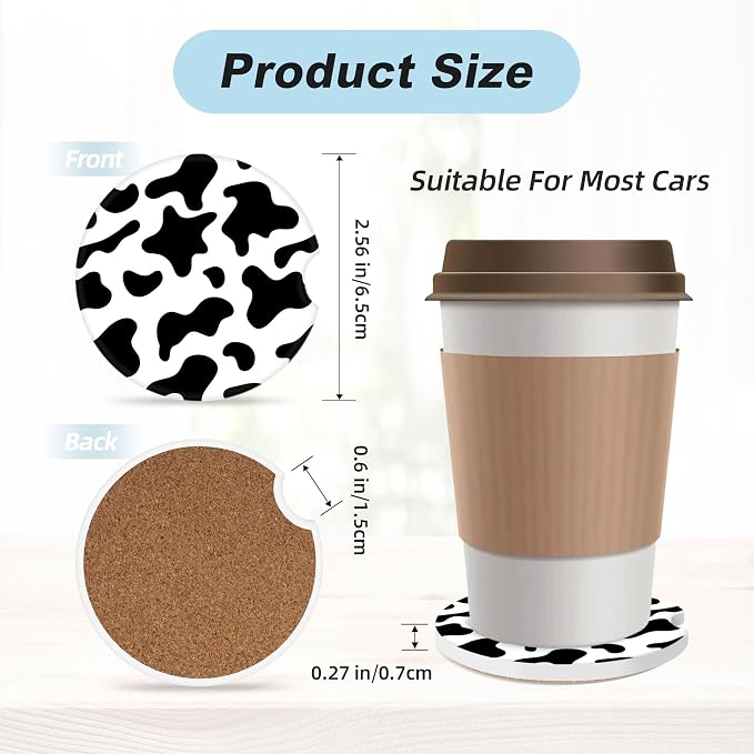 Black and White Cow Print Car Coasters for Cup Holders,2 Pack Car Cup Holder Coasters for Car,Ceramic Absorbent Car Coaster with A Finger Notch and Cork Base,Car Interior Accessories for Women Men