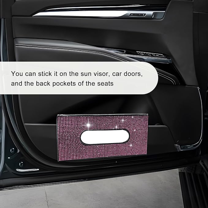 Bling Car Sun Visor Tissue Box Holder, Sparkling Auto Sun Visor Napkin Box Mask Holder, PU Leather Glitter Rhinestone Backseat Paper Towel Case for Cars Trucks SUVs (Pink)