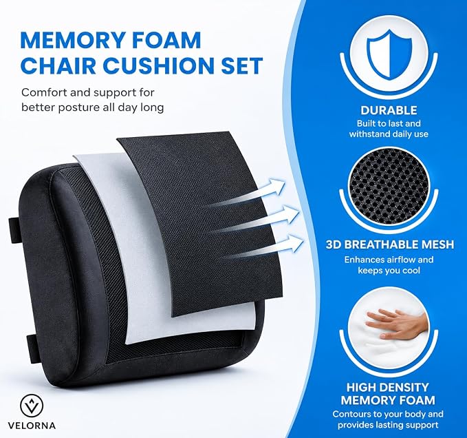 2-in-1 Memory Foam Seat Cushion & Lumbar Support Set | Ergonomic Office Chair Cushion for Tailbone, Sciatica & Help Back Pain Relief | Non-Slip Coccyx Pad, Washable Cover, Adjustable Strap