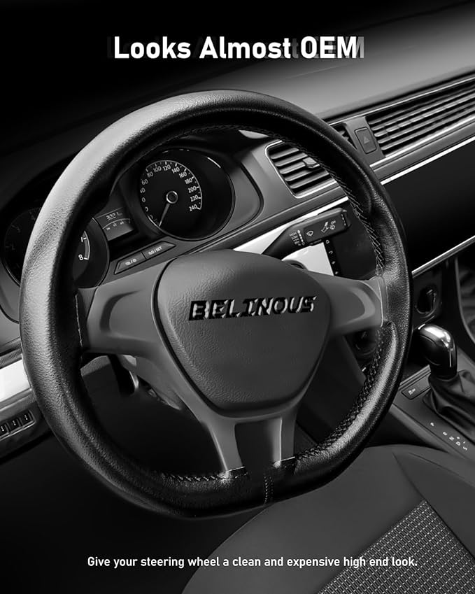 BELINOUS Leather Steering Wheel Cover Lace Up, Stitch on Steering Wheel Wrap, Universal Fit 13-20 Inch Car Truck Pickup Boat, A Whole Piece of Cowhide, DIY w/Needle Thread (Size XL5, Black)