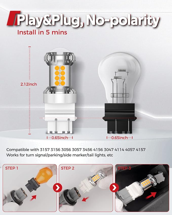 Torchbeam LED Turn Signal Bulbs, Upgraded 3157 LED Bulb Amber Yellow with External Resistor, 600% Brighter 3156 3056 3057 4157 3457 4157 with HD Projector for Blinker Side Marker Parking Lights,2PCs