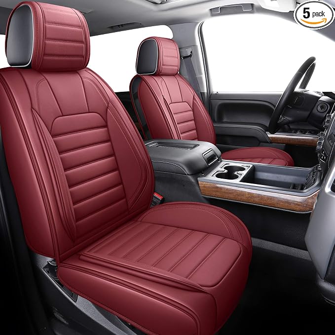 YIERTAI for Chevy Chevrolet Silverado GMC Sierra Seat Covers Fit 2007-2025 2026 1500/2500/3500 Z71 Trail Boss Crew Double Extended Cab Trucks Waterproof Leather(5 PCS Full Set/Burgundy)