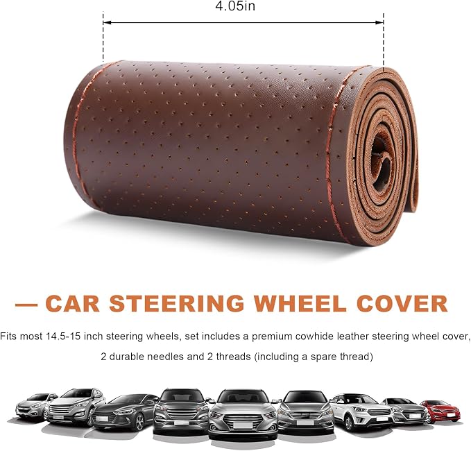 Genuine Leather Steering Wheel Cover, 15 Inch Stitch on Wheel Wrap with Needles & Threads, Breathable Steering Wheel Protector DIY Sewing Wrap for Car Truck SUV (Coffee, Full Hole)