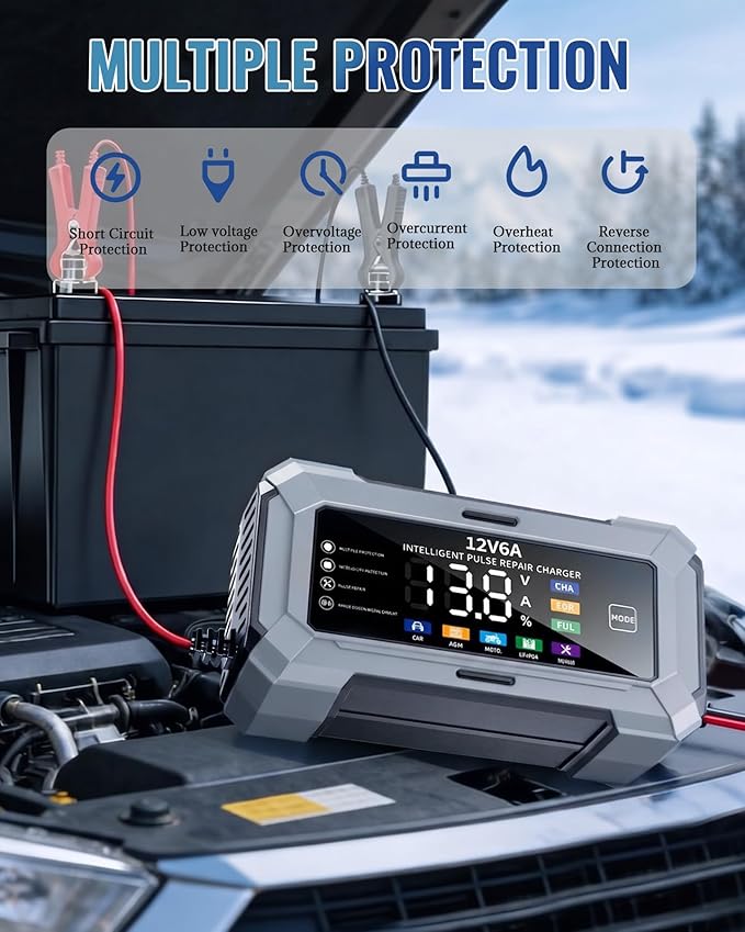 Car Battery Charger Automatic Trickle Charger and Battery Maintainer with Pulse Repair Digital Display Trickle Charger for Car Battery 12V6A Auto Battery Charger for AGM Motorcycle LiFePO4 Batteries