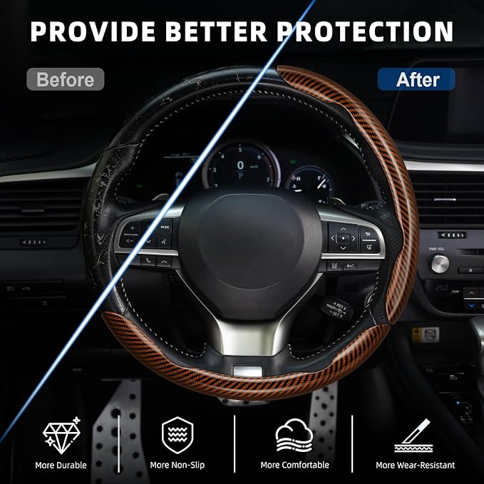 Amiss 3pcs Carbon Fiber Anti-Skid Steering Wheel Cover, Waterproof Design, Universal Fit for 14-16 Inch Car Wheel Cover, Interior Car Accessories for Jeeps, SUVs, Trucks (Glossy Brown)