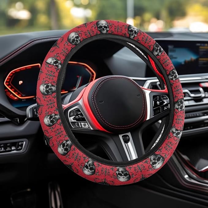 AFPANQZ Car Steering Wheel Covers Sweat Absorption Comfort Grip for Men | Skull Bat Red Print, Halloween Decor, Car SUV Sedans Interior Accessories, Steering Wheel Protection Sweat Absorption
