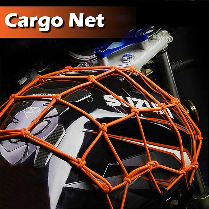 Small Cargo Net 15"x15" Stretches to 30"x30" with Thicken Hooks | Natural Latex Core, Tight 2”x2” Mesh Heavy Duty Bungee Net for Motorcycle Helmet, Bike, ATV, UTV, Luggage (Orange, 2 Pack)