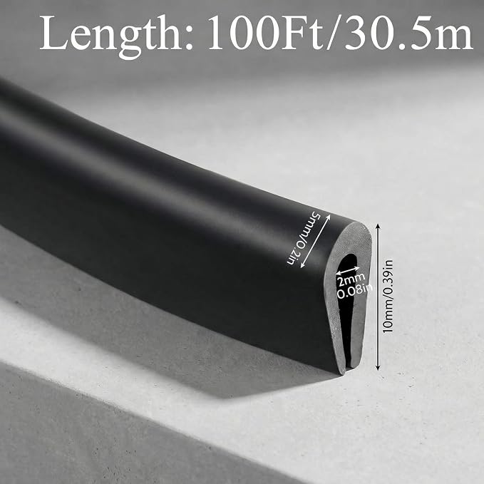 Rubber U Channel Edge Trim, Door Seal Strip, Fits Edge up to 1/16 Inch (1. 6mm) U Shape Weather Stripping(100 Feet,Black)