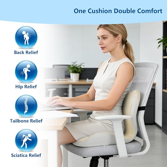 Ergonomic Memory Foam Seat Cushion with Strap for Office Chair, Beige Grey | Contoured coccyx cutout supports back and butt, with a non-slip base and washable cover for office chairs and cars.
