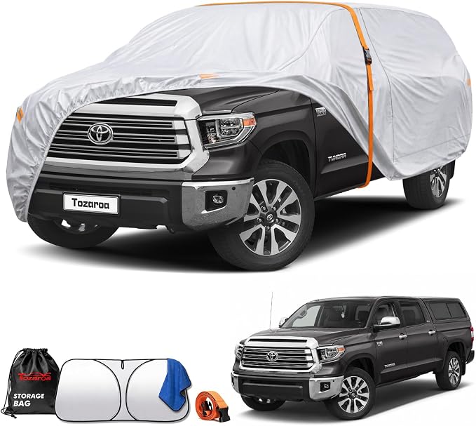 Truck Cover Waterproof All-Weather,Outdoor Full Exterior Pickup Covers for Truck Cover with Camper Shell Topper (211-228 inch),with Windshield Sun Shade,Size T7+ (See Size Chart)