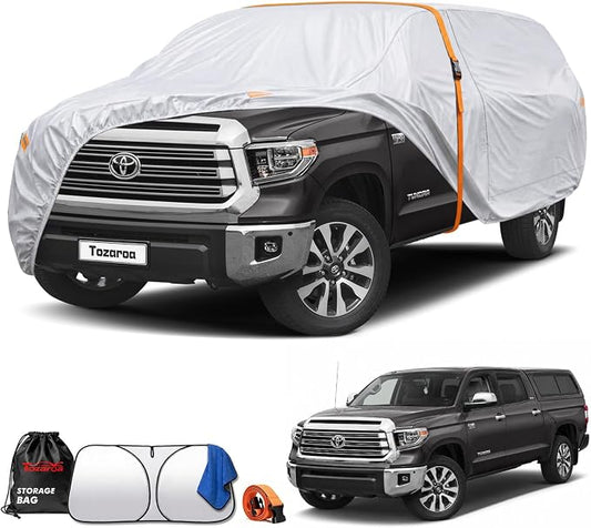 Truck Cover Waterproof All-Weather,Outdoor Full Exterior Pickup Covers for Truck Cover with Camper Shell Topper (211-228 inch),with Windshield Sun Shade,Size T7+ (See Size Chart)