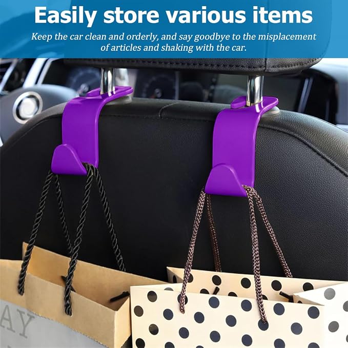 Car Seat Headrest Hook, 4PCS Vehicle Seat Back Hanger Storage Organizer for Purse Bag Coat, Auto Interior Hanging Holder Organization Accessories, Universal for SUV Sedan Truck (Purple)