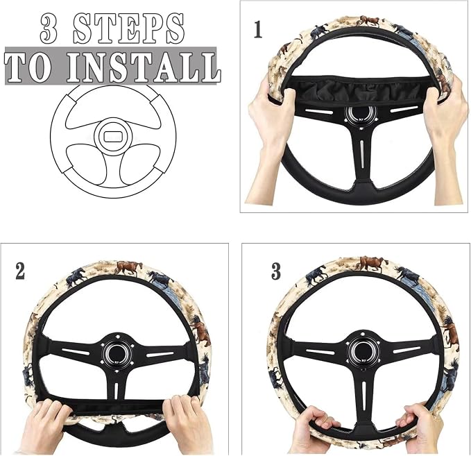 AFPANQZ Car Steering Wheel Covers White Sweat Absorption Comfort Grip, Horse Painting Universal 14-15 inch Stretch-on Fabric Keep Warm Steering Wheel Protector for Women