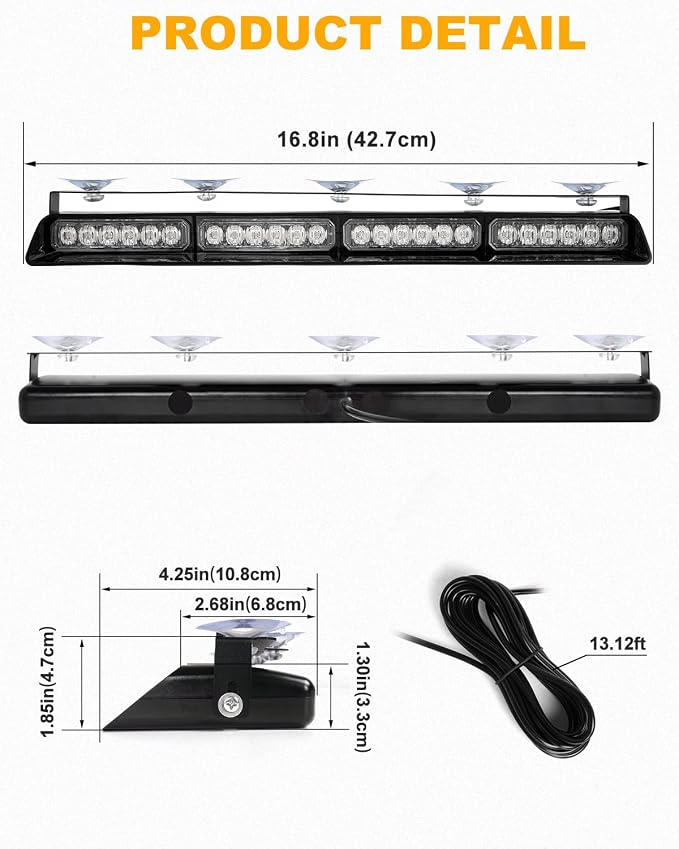 HLauto 6Z4J Emergency Dash Strobe Lights: 2x16.8 inch White Safety Lights, 48 LED Flashing Warning Hazard Interior Windshield Visor Traffic Light Bar for Trucks, Construction Vehicles