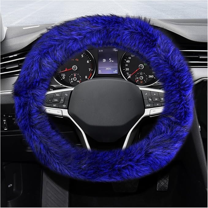 Fluffy Steering Wheel Cover, 15 Inch Anti-Slip Microfiber Plush Fuzzy Steering Wheel Cover, Winter Warm Elastic Fuzzy Steering Wheel Covers for Women and Men, Car Accessories (Blue)