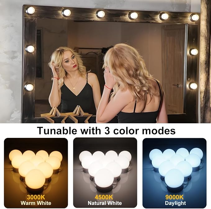 LED Vanity Lights for Mirror, Consciot Hollywood Style with 10 Dimmable Bulbs, Adjustable Color & Brightness, USB Cable, Stick on for Makeup Table Dressing Room Mirror