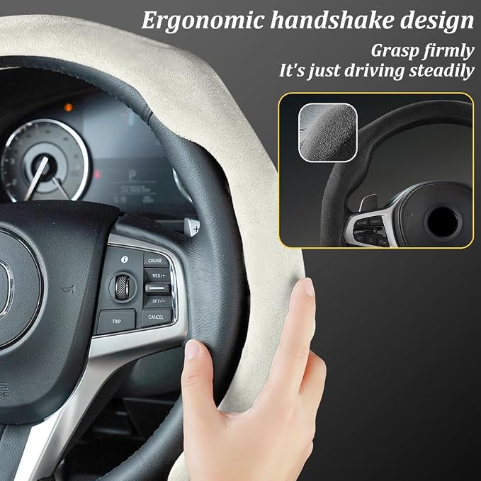 Car Steering Wheel Cover, Soft Brethable Suede Non-Slip Vehicle Steering Wheel Protector, Comfortable Sporty Auto Interior Protection Accessories, Universal for Truck SUV Van (Apricot White)
