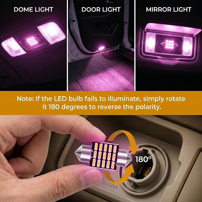 24PCS Car LED Interior Light Kit, T10 31mm 41mm LED Dome Light Bulb Set Replacement for Map License Plate Door Side Marker Cornering and Trunk Interior Lighting, Fits Most Cars(Pink Purple)