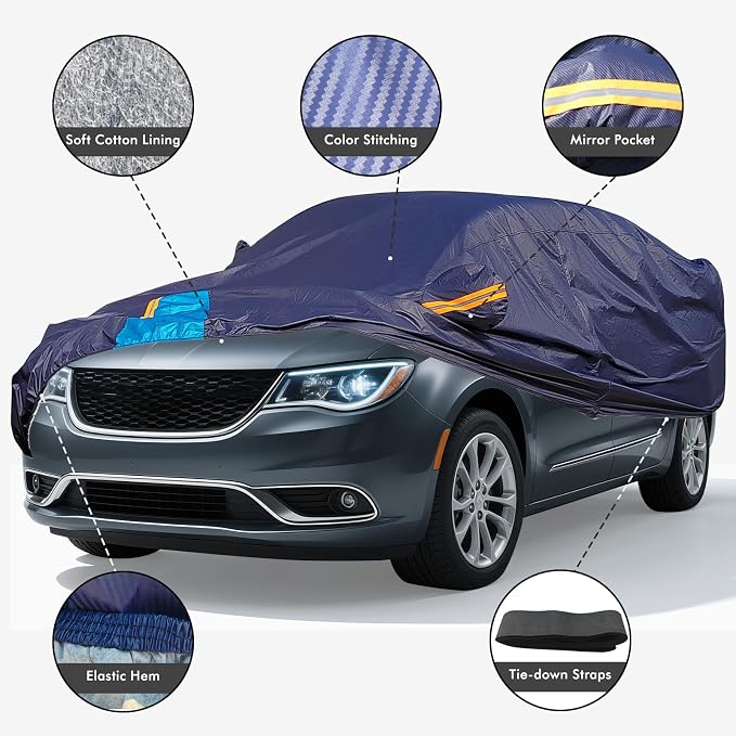 Car Cover Waterproof All Weather, 6 Layers Outdoor Full Exterior Cover Rain Sun UV Snowproof Protection with Zipper Cotton, Mirror Pocket for Chrysler Voyager