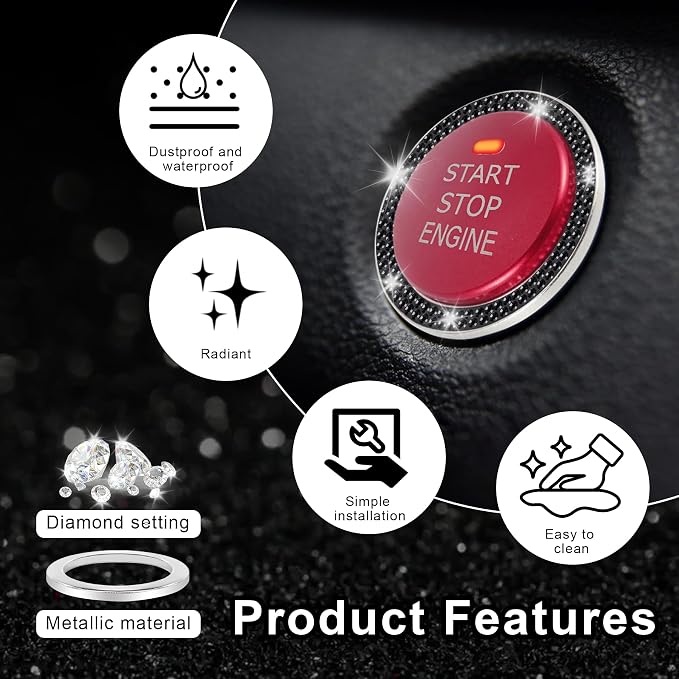 LivTee 2 PCS Crystal Double Rhinestone Car Engine Start Stop Decoration Ring, Bling Car Interior Accessories for Women, Push to Start Button Cover Sticker, Automotive Decals, Black