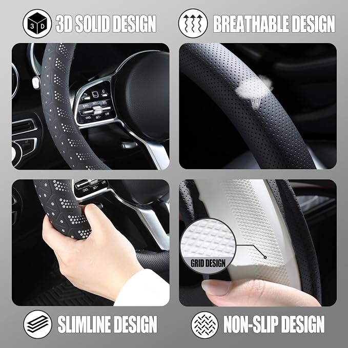 3D Soft 15 inch Leather D Shape Steering Wheel Cover Black White | Breathable Anti-Slip Premium Skin-Feel Perforated Thin Nappa Leather, Universal 14.5 inch to 15 inch