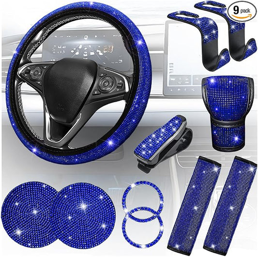 8PCS Bling Car Accessories Set, Sparkly Rhinestone Vehicle Steering Wheel Seat Belt Gear Shift Start Stop Button Cover, Diamond Auto Cup Holder Coaster Decoration, Universal Fit (Blue)