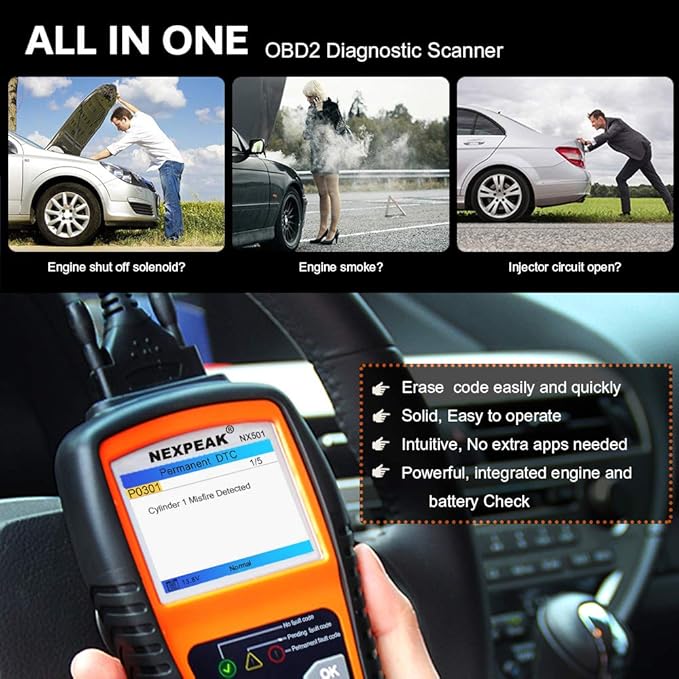 NEXPEAK NX501 OBD2 Scanner Enhanced Code Reader for All Post-1996 Vehicles | Professional OBD2 scanner reads/clears engine codes, monitors battery, 10 modes & live data on color screen，plug and play
