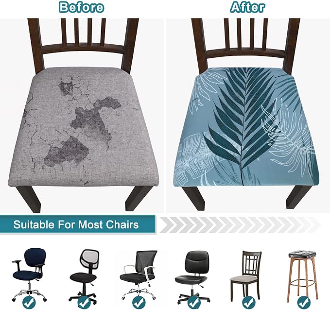 SearchI Seat Covers for Dining Room Chairs Stretch Printed Chair Seat Covers Set of 6, Removable Washable Upholstered Chair Seat Protector Cushion Slipcovers for Kitchen, Office(Summer Pattern)